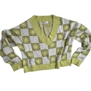 Madden NYC Crop Sweater Juniors Large V-Neck Pullover Geometric Flower Boxy